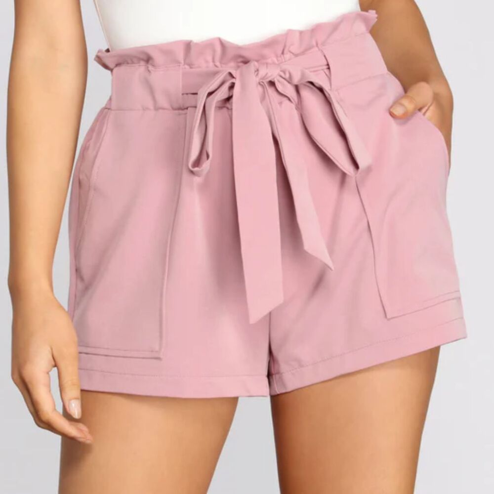 Showpo. Pink Paper Bag Tie Waist Belt Shorts Pockets High Stretch Waist Summer 6